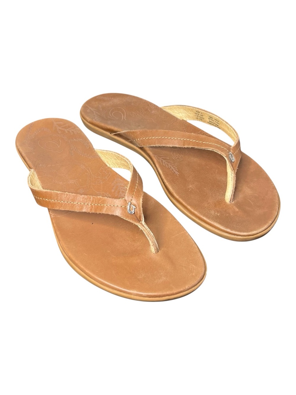 Olukau Tan Brown Honu Thong Style Leather Flip Flips Size 9